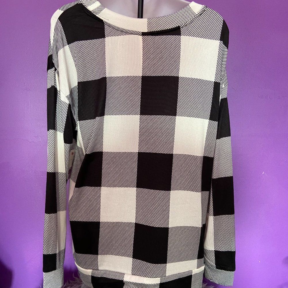 Secret Treasures Women’s Blouse Small Black White Check Long Sleeve